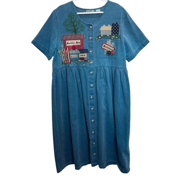 Vtg Sunbelt XL Antiques Action Barn Mumu Patio Dress Chambray Embroider Buttons - Picture 1 of 10